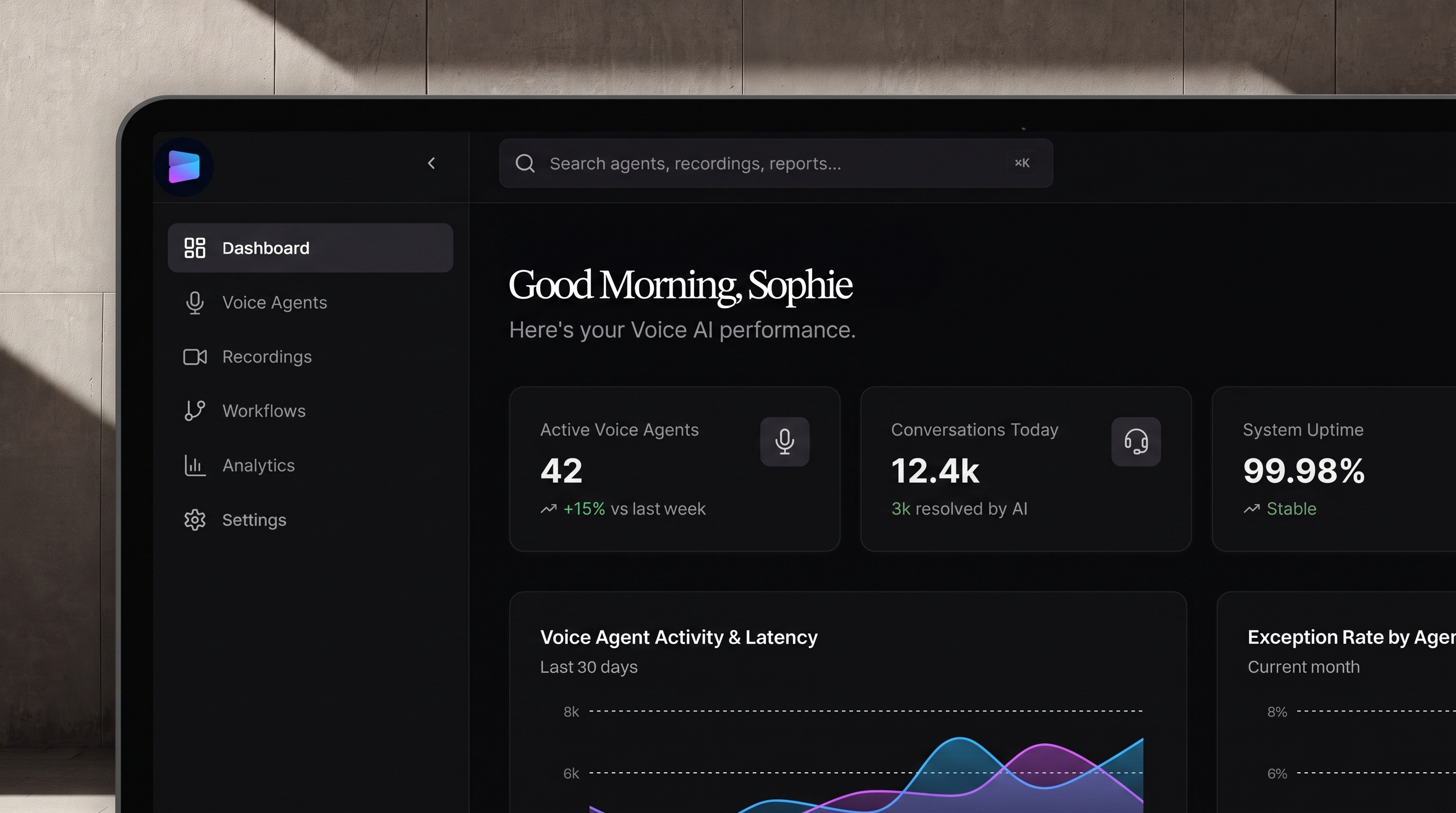 DROS dashboard showing live Voice AI performance, active agents and conversations